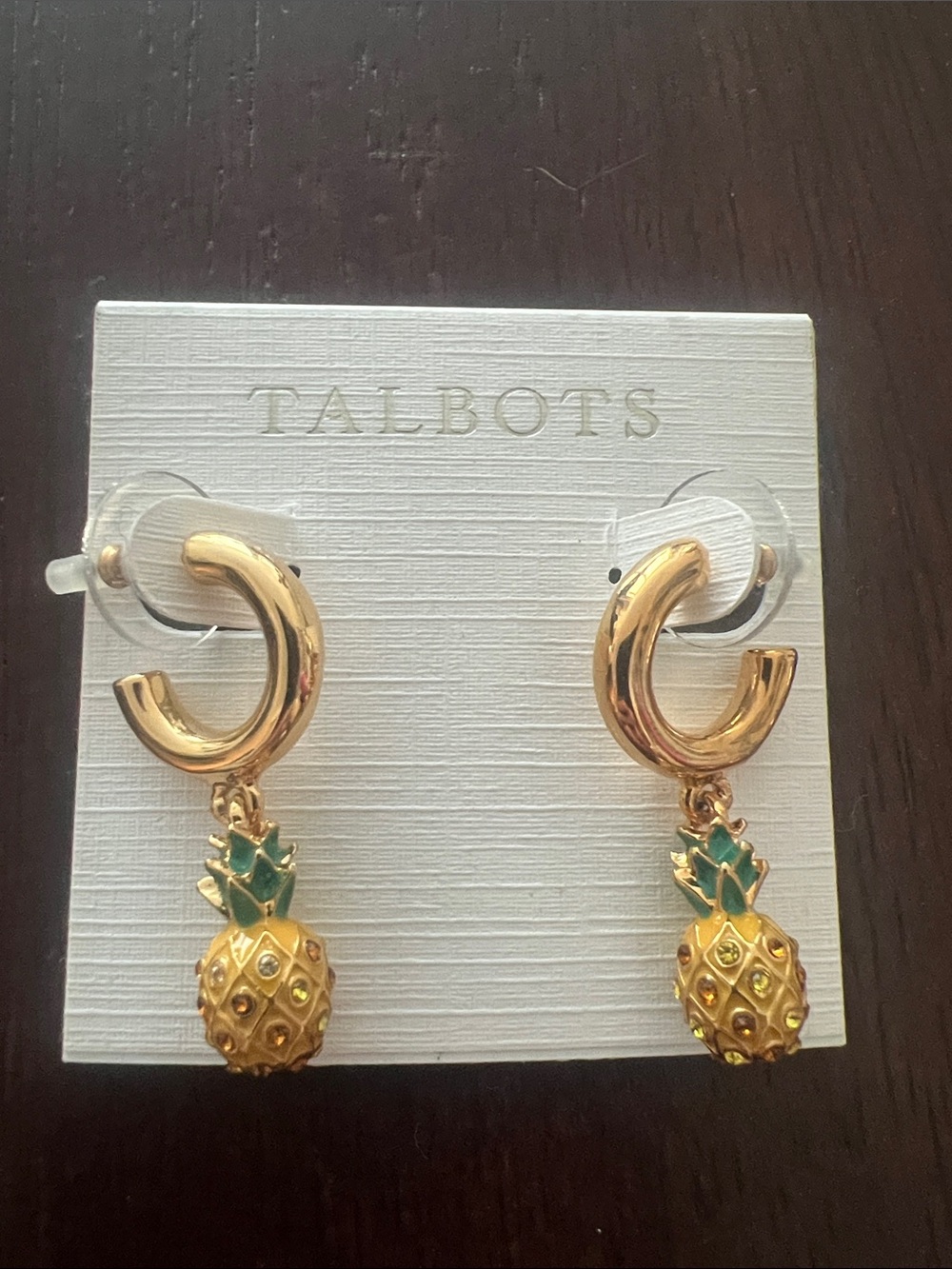 Talbots Gold and Green Pineapple Charm Hoop Earrings